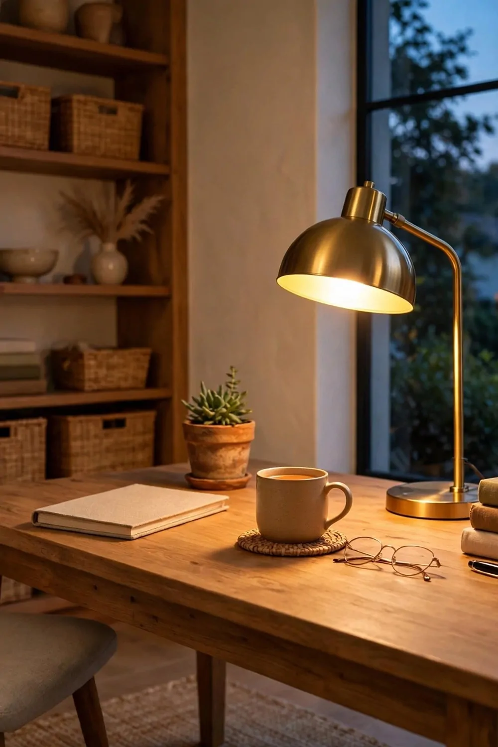 22 Small Cozy Office Setups That Feel Like a Hug 13 A cozy home office at dusk with a warm glowing lamp and soft light, calm evening