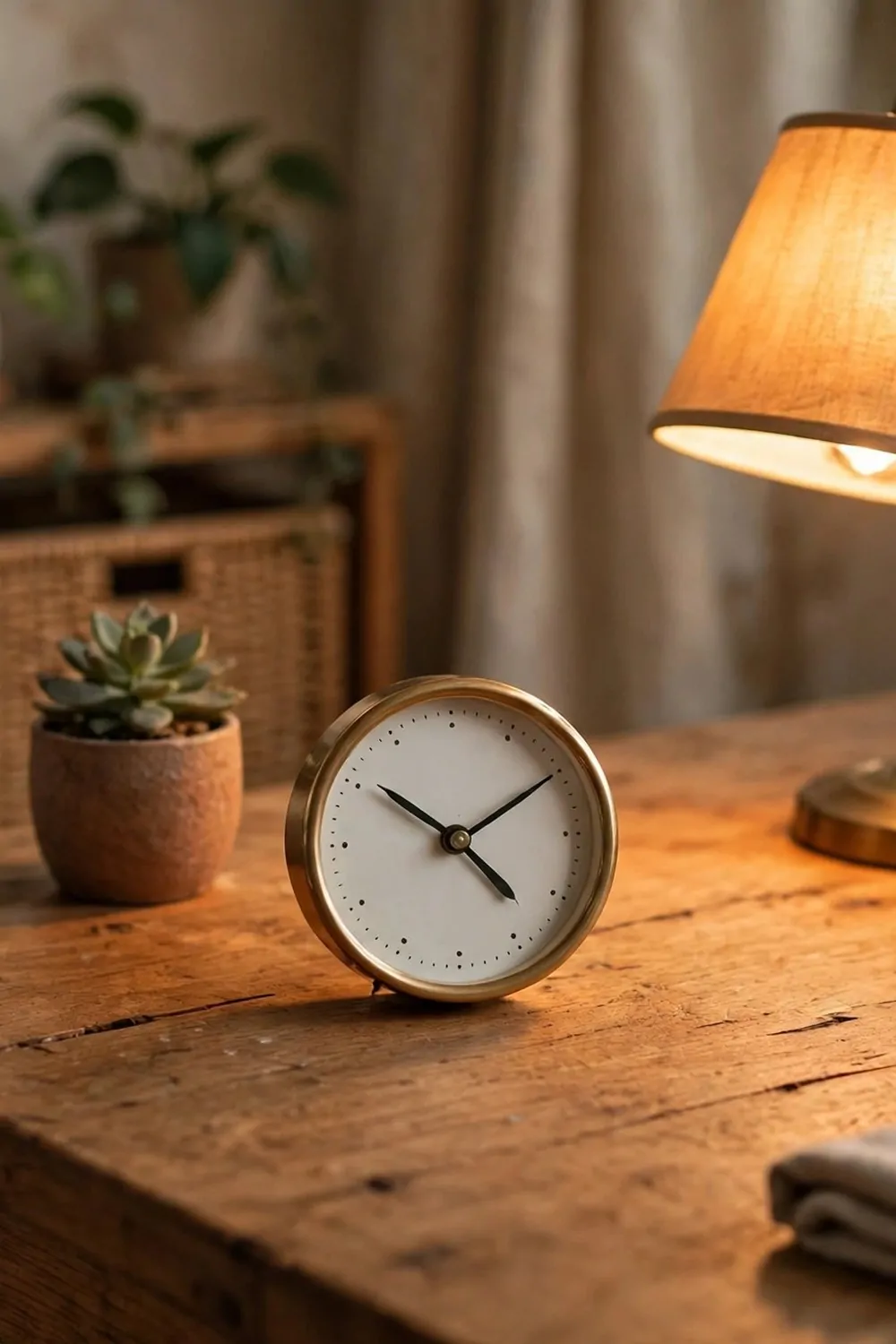 22 Small Cozy Office Setups That Feel Like a Hug 14 A small round clock on a wooden desk in a cozy home office, warm lamp light