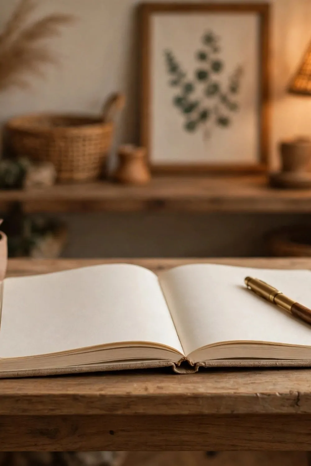 22 Small Cozy Office Setups That Feel Like a Hug 15 An open notebook and pen on a small wooden desk in a cozy home office, warm light