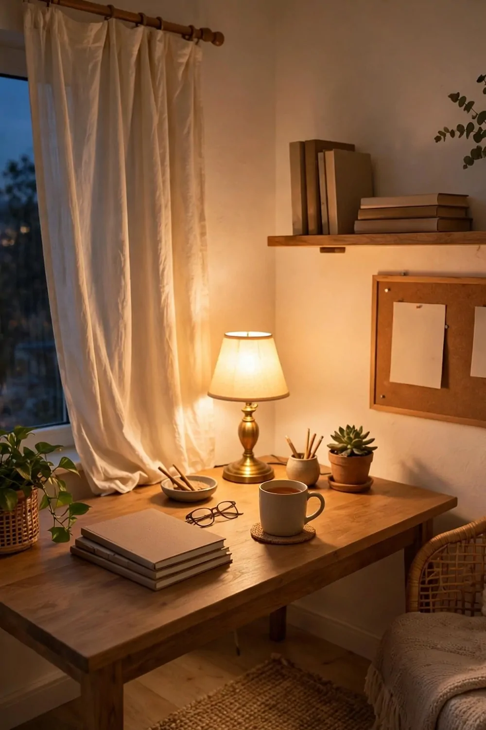 22 Small Cozy Office Setups That Feel Like a Hug 16 Soft cream curtains in a small cozy home office, warm lamp light glowing, evening
