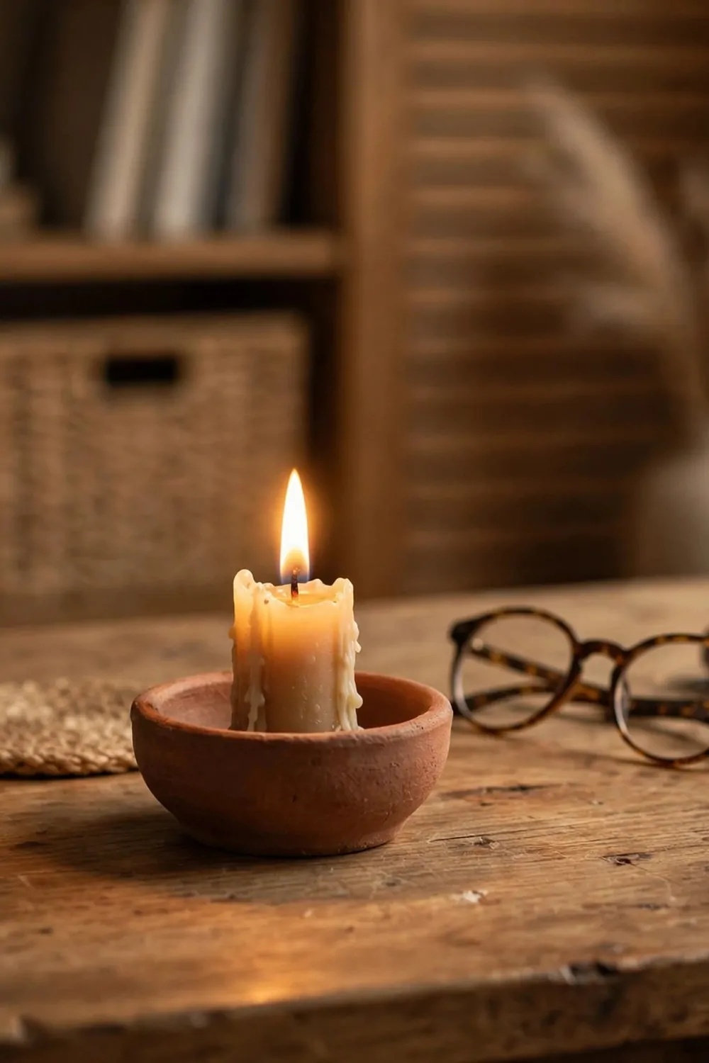 22 Small Cozy Office Setups That Feel Like a Hug 17 A small candle burning on a wooden desk in a cozy home office, warm soft glow