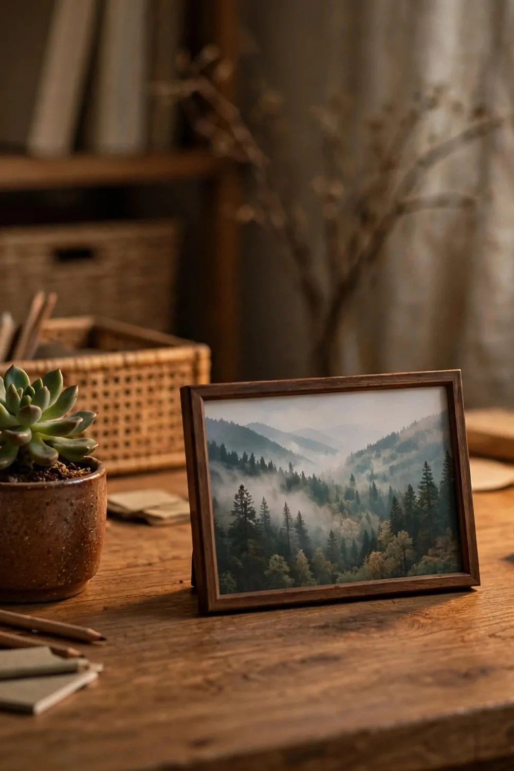 22 Small Cozy Office Setups That Feel Like a Hug 18 A small framed photo on a wooden desk in a cozy home office, warm lamp light