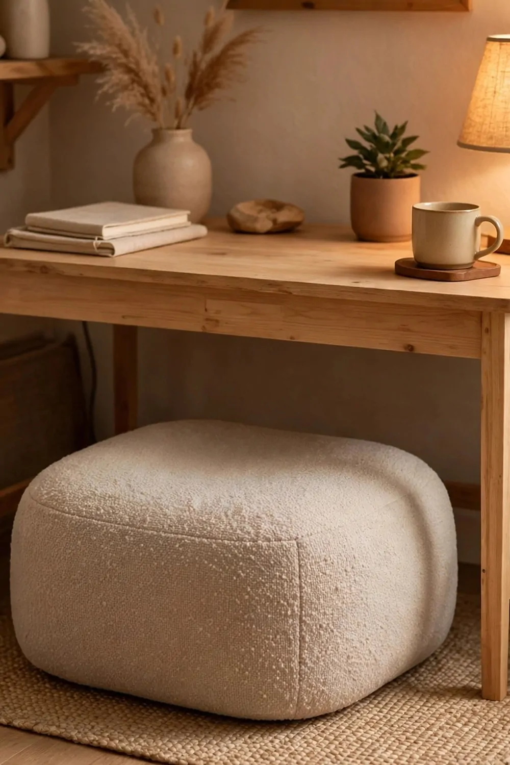 22 Small Cozy Office Setups That Feel Like a Hug 19 A soft footrest under a small wooden desk in a cozy home office, warm light