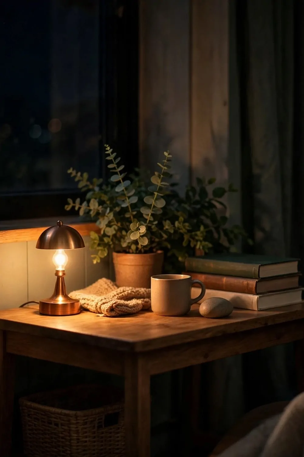 22 Small Cozy Office Setups That Feel Like a Hug 20 A tiny warm lamp glowing on a small desk in a cozy home office at night, soft light