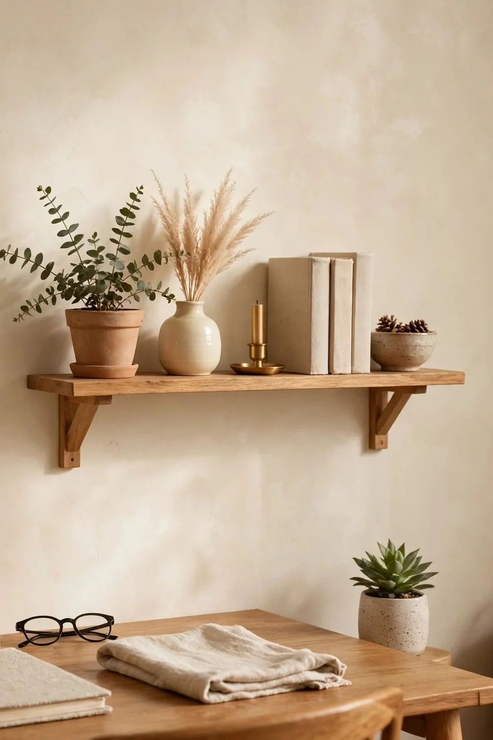 22 Small Cozy Office Setups That Feel Like a Hug 21 A warm cream painted wall with a small wooden shelf in a cozy home office, soft light