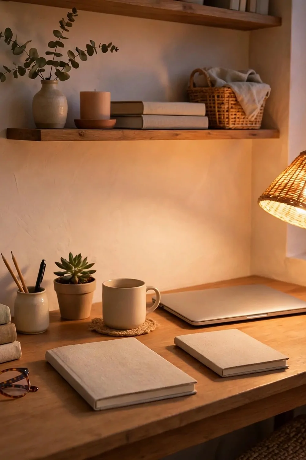 22 Small Cozy Office Setups That Feel Like a Hug 22 A small cozy home office at the end of the day, tidy desk, warm lamp glowing, calm