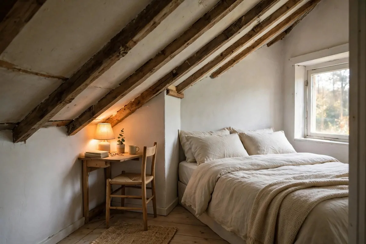 A small awkward corner office under a sloped ceiling, tiny desk and chair tucked into the nook, warm lamp light, made bed nearby