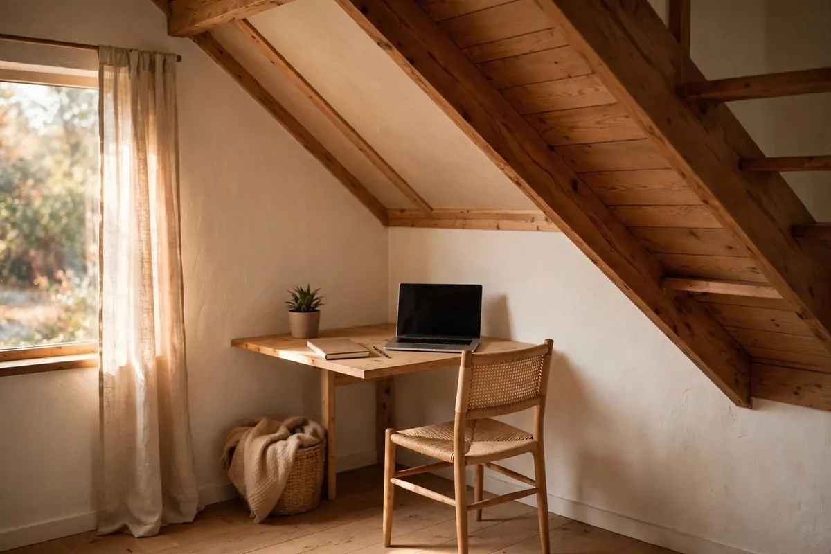 22 Small Room Office Ideas for Awkward Little Spaces 1 A small desk tucked into the corner under a staircase, sloped ceiling above, laptop and notebook on the desk, chair pulled in