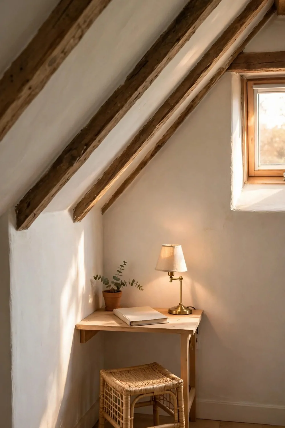 22 Small Room Office Ideas for Awkward Little Spaces 2 A tiny desk in a sloped-ceiling nook, low ceiling above the chair, small lamp and notebook on the desk