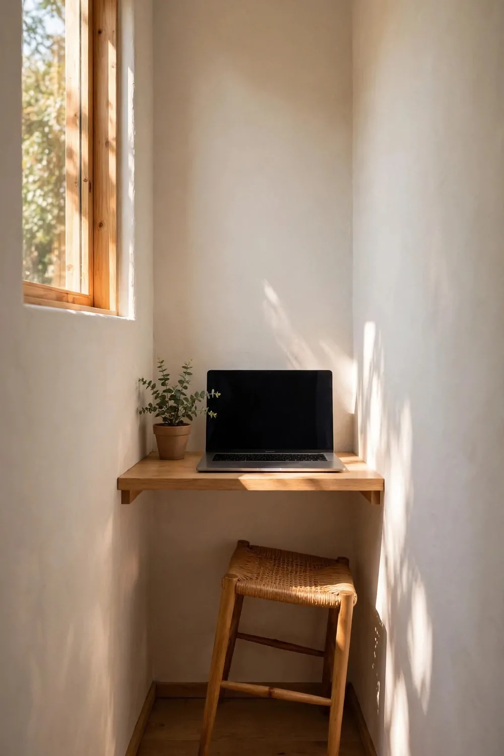 22 Small Room Office Ideas for Awkward Little Spaces 3 A very narrow alcove desk between two walls in a small room, laptop on the desk, chair half under it