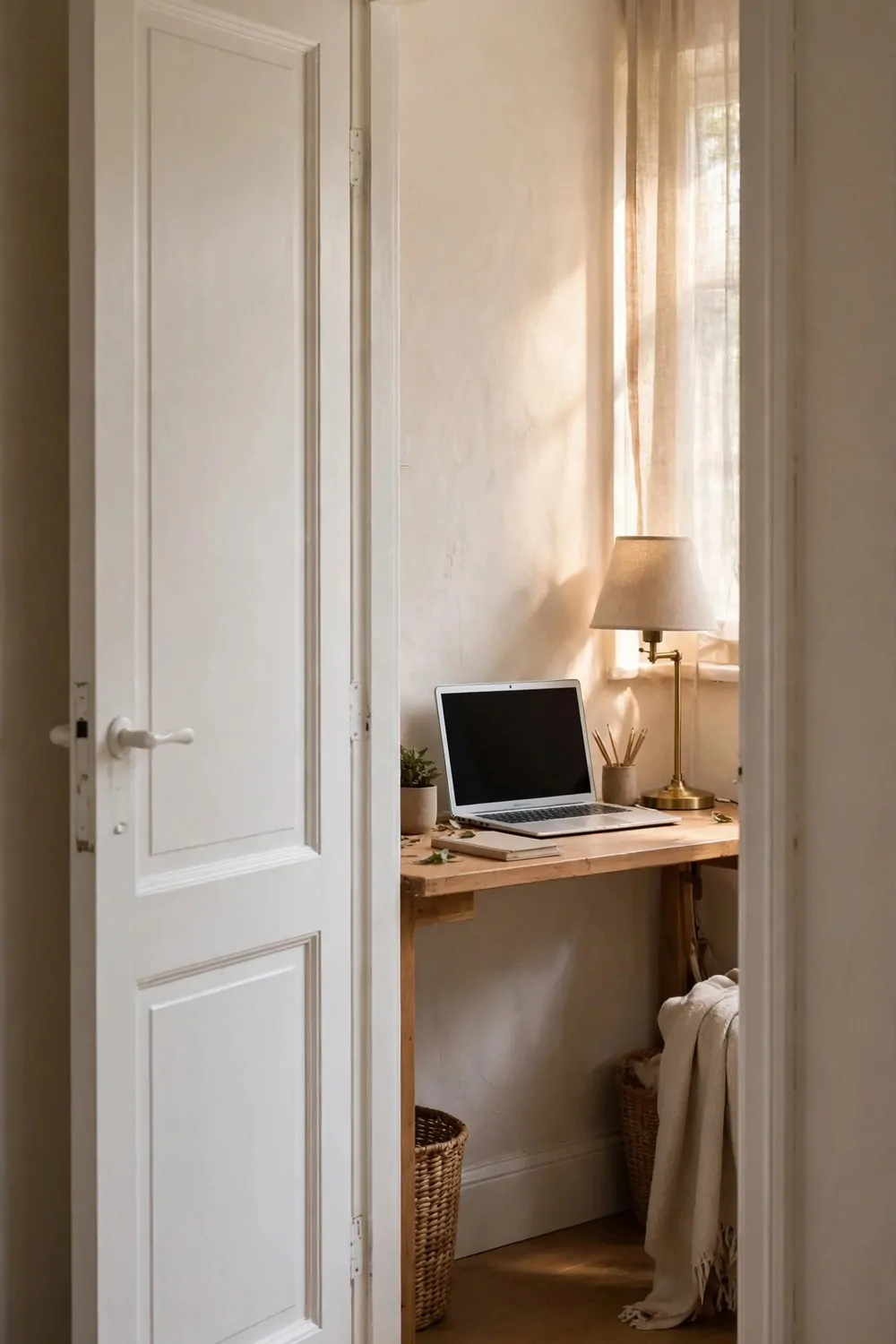 22 Small Room Office Ideas for Awkward Little Spaces 4 A small desk set up in the space behind an open bedroom door, laptop and lamp on the desk, door swung flat against the wall