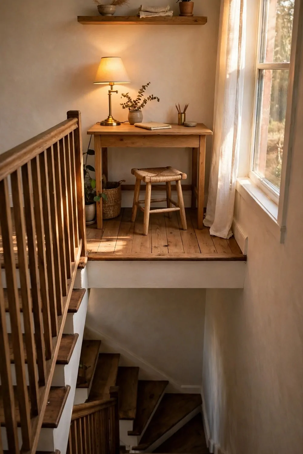 22 Small Room Office Ideas for Awkward Little Spaces 5 A desk on a landing at the top of a staircase, small chair, lamp, shelves on the wall above