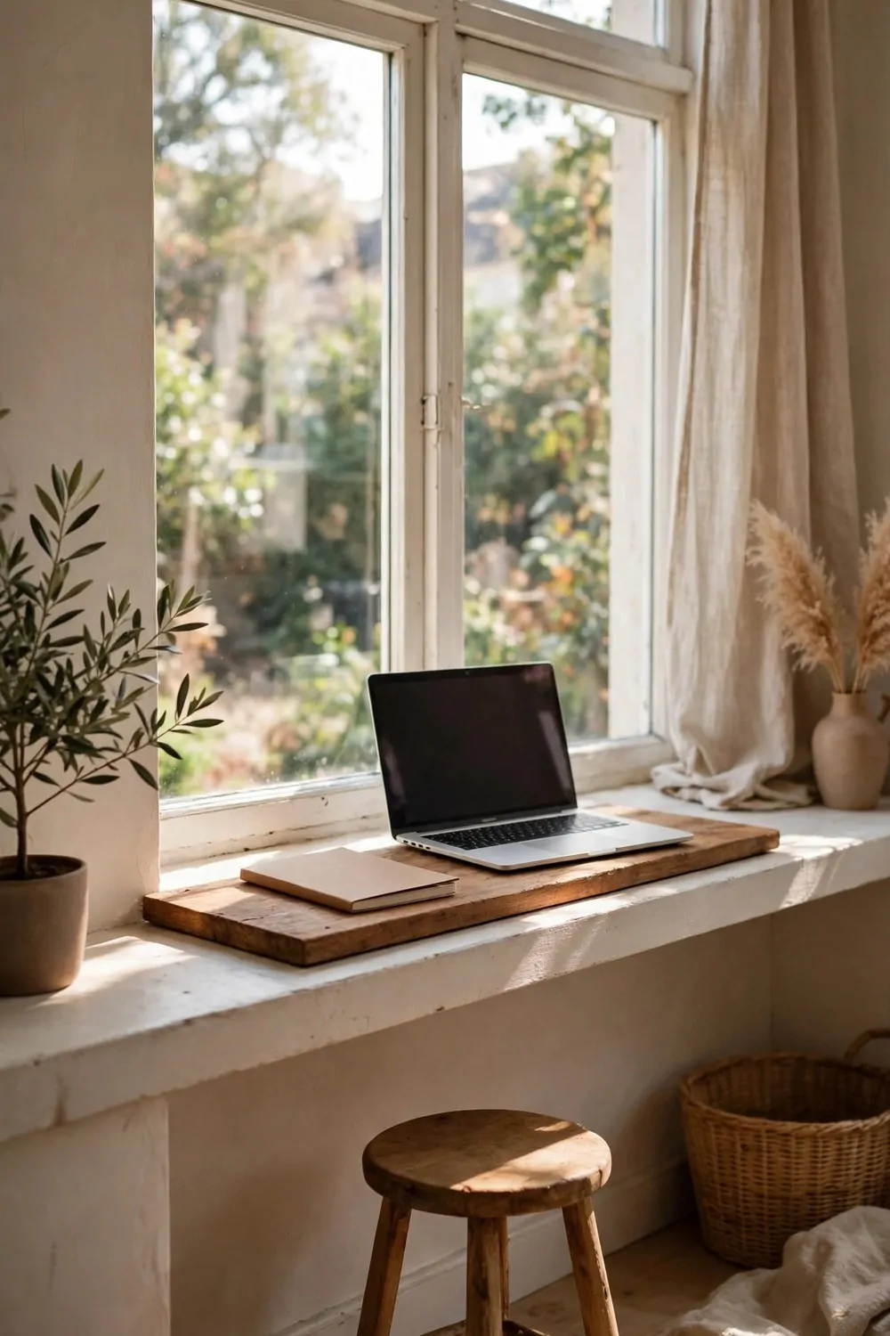 22 Small Room Office Ideas for Awkward Little Spaces 6 A narrow wooden board on a wide window ledge used as a desk, laptop and notebook on top, small stool below