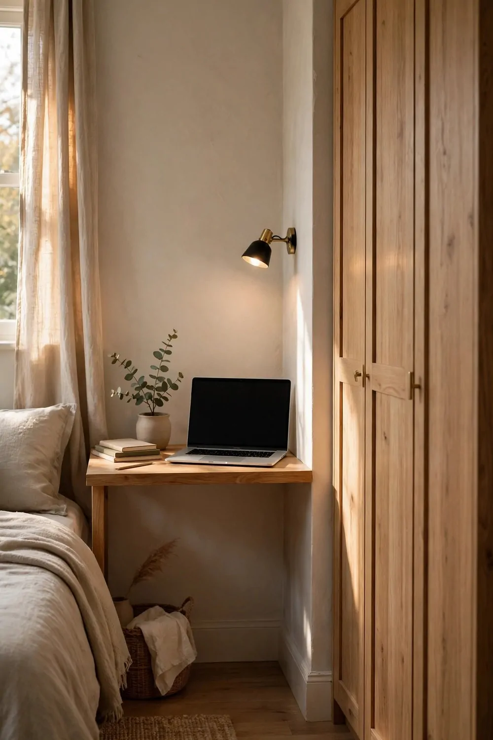 22 Small Room Office Ideas for Awkward Little Spaces 7 A slim desk fitted into the narrow gap beside a wardrobe in a bedroom, laptop on top, lamp on the wall