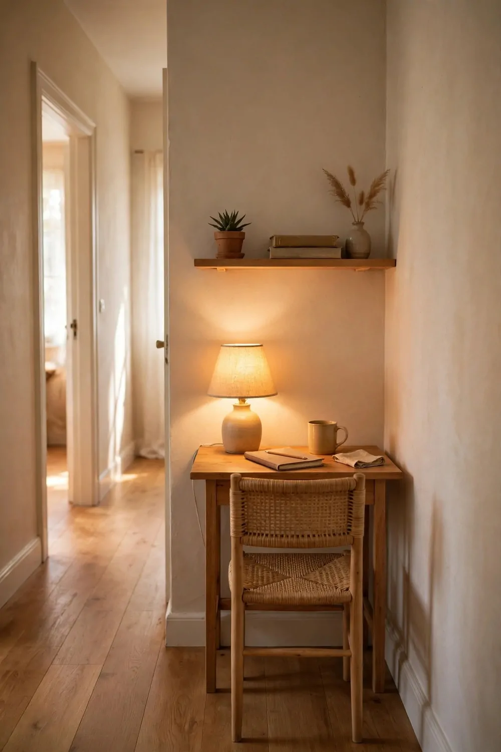 22 Small Room Office Ideas for Awkward Little Spaces 8 A small desk at the dead end of a hallway, chair facing the wall, shelves above, warm lamp light