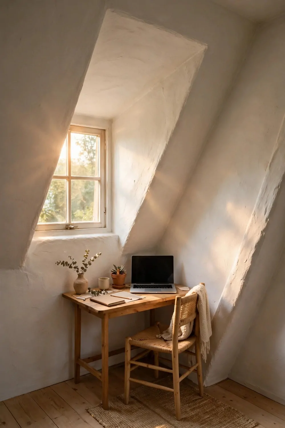 22 Small Room Office Ideas for Awkward Little Spaces 9 A small desk in a room with slanted walls and no straight wall, chair tucked under, laptop on top