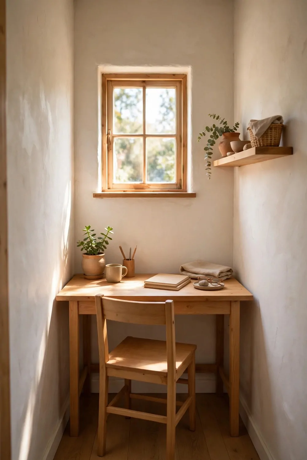 22 Small Room Office Ideas for Awkward Little Spaces 10 A tiny box room with one small window, desk under the window, chair, shelves on the wall