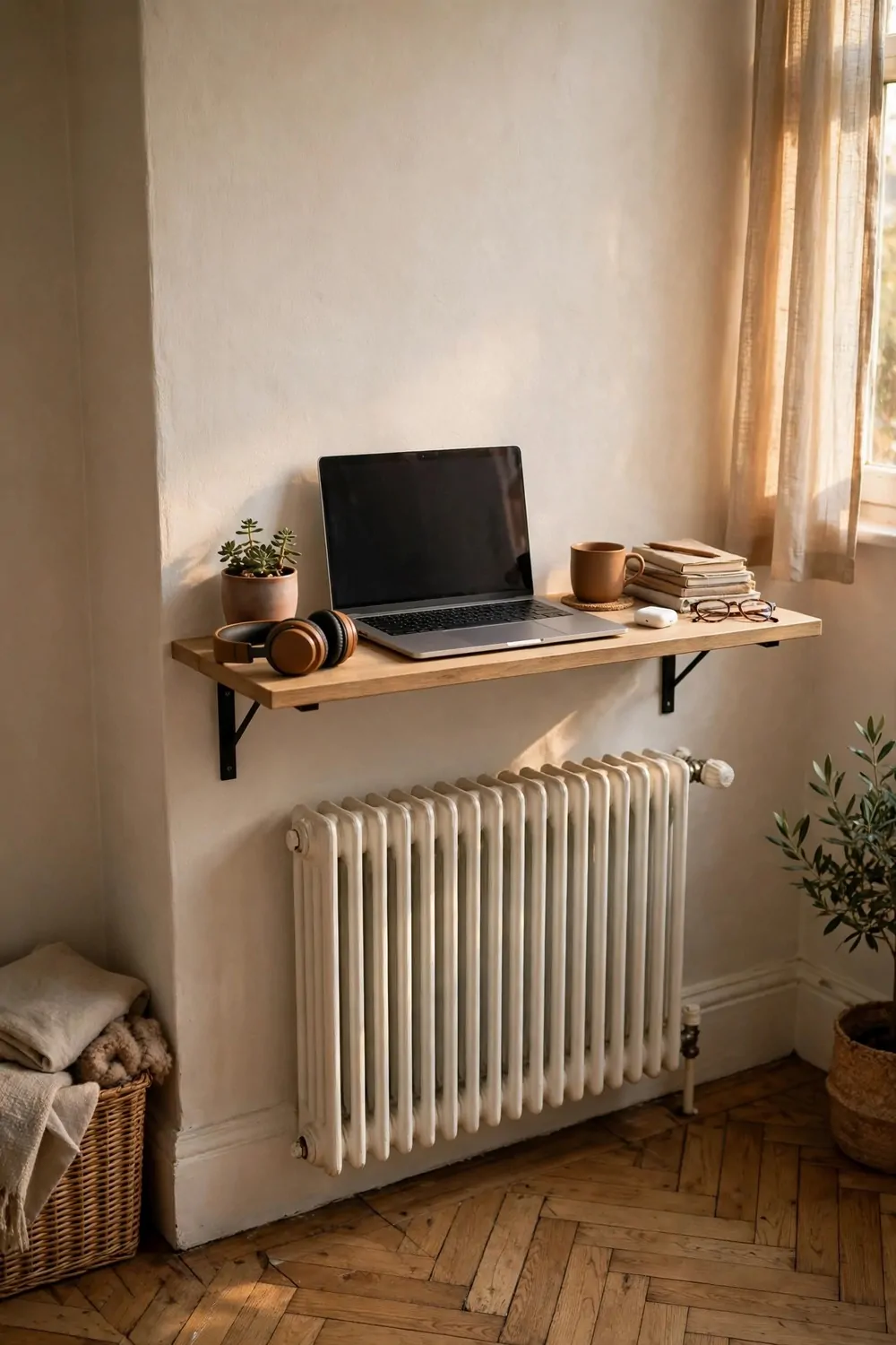 22 Small Room Office Ideas for Awkward Little Spaces 11 A narrow shelf desk mounted on the wall above a radiator in a small room, laptop on top