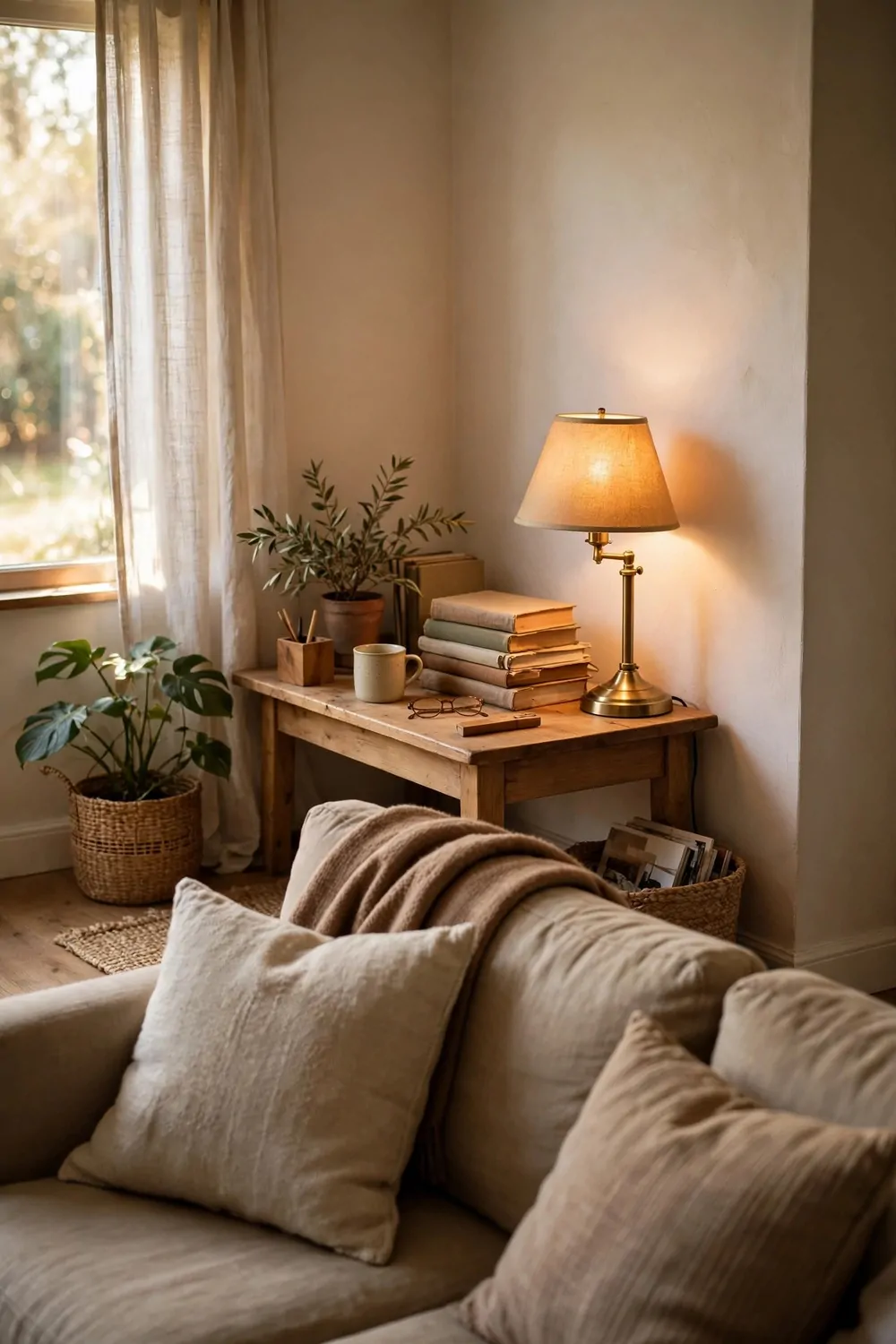 22 Small Room Office Ideas for Awkward Little Spaces 12 A small desk tucked into the corner behind a sofa in a living room, lamp on the desk, books stacked