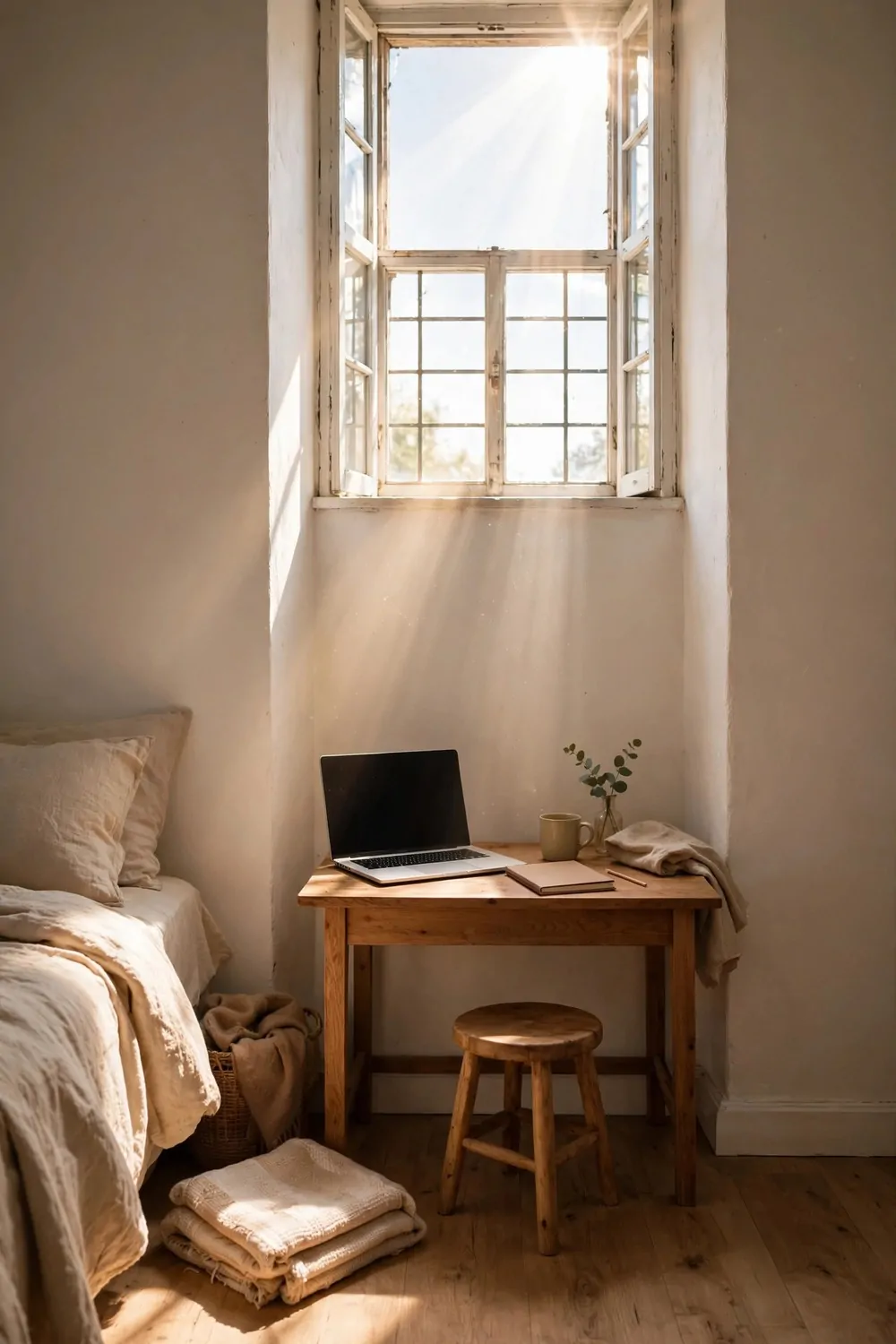 22 Small Room Office Ideas for Awkward Little Spaces 13 A small desk under a high window in a bedroom, stool below, laptop and notebook on top