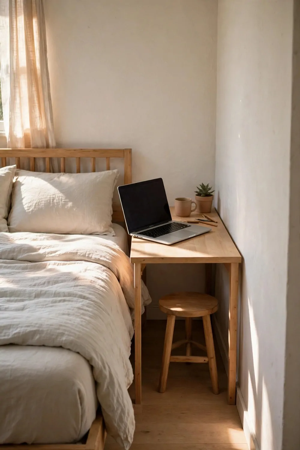 22 Small Room Office Ideas for Awkward Little Spaces 14 A very slim desk in the narrow strip between a bed and a wall, laptop on top, small stool
