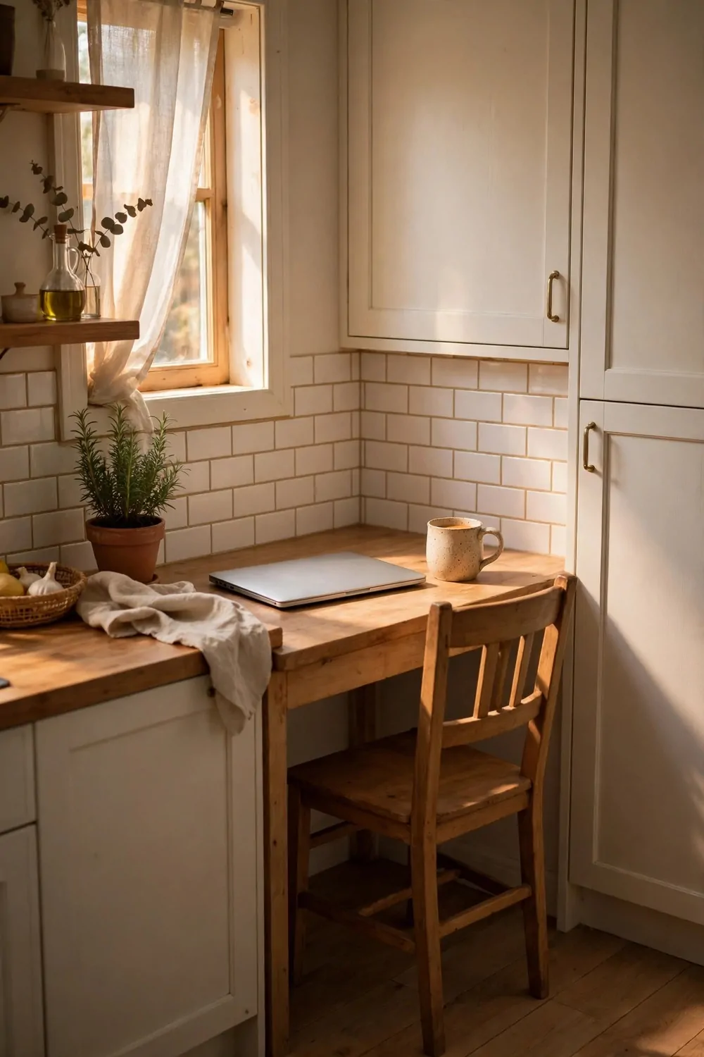 22 Small Room Office Ideas for Awkward Little Spaces 15 A small desk in a kitchen corner nobody sits in, laptop and mug on top, chair pulled in