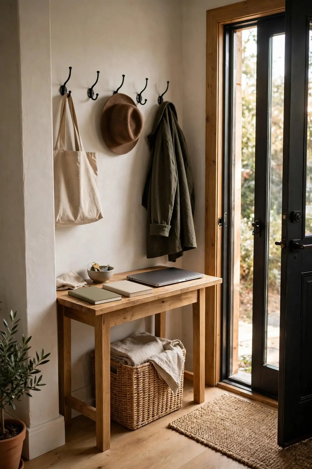 22 Small Room Office Ideas for Awkward Little Spaces 16 A small desk in an entryway nook by a front door, hooks above, laptop and notebook on top