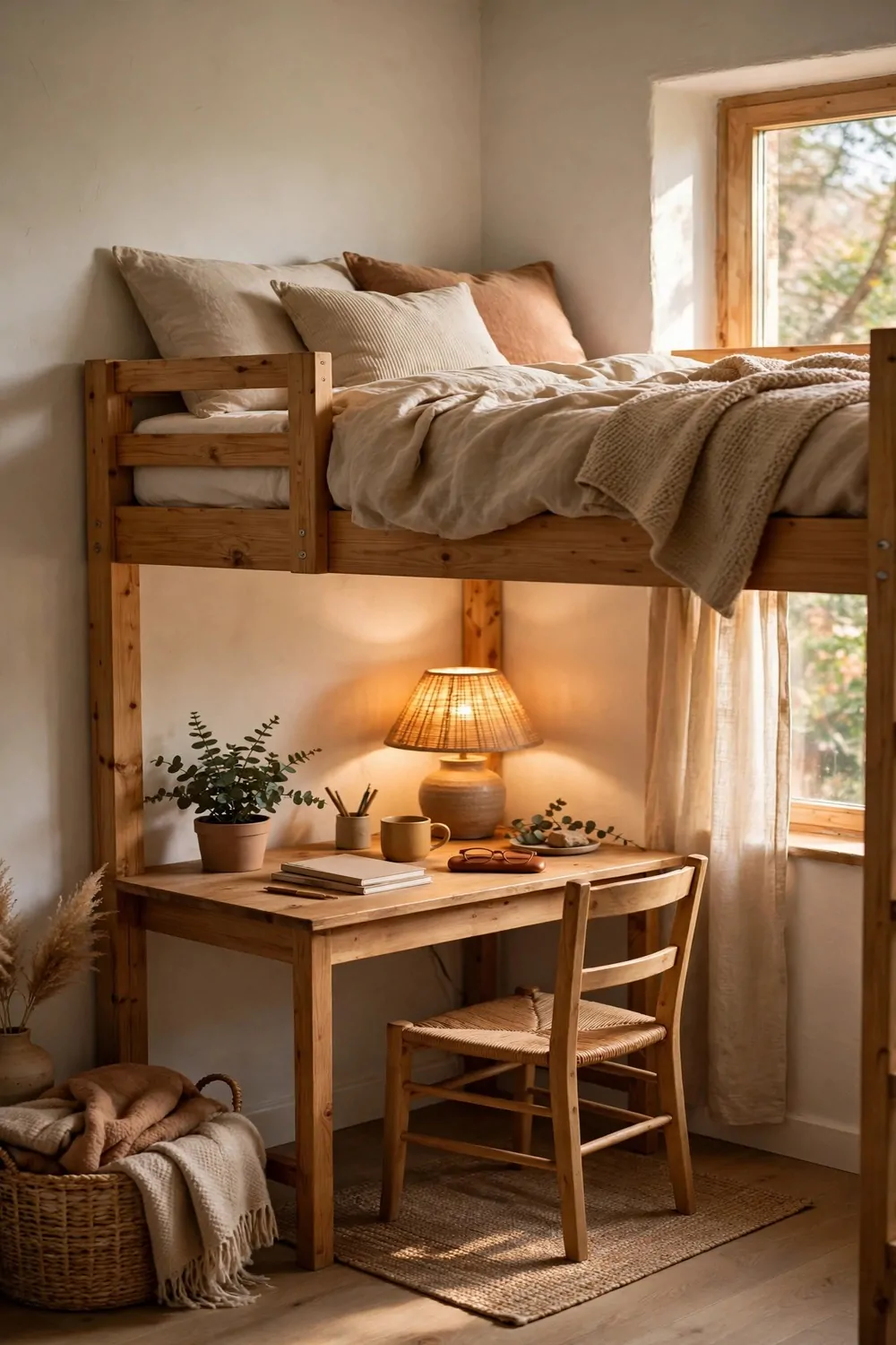 22 Small Room Office Ideas for Awkward Little Spaces 17 A desk tucked under a loft bed in a small bedroom, lamp on the desk, chair slid under