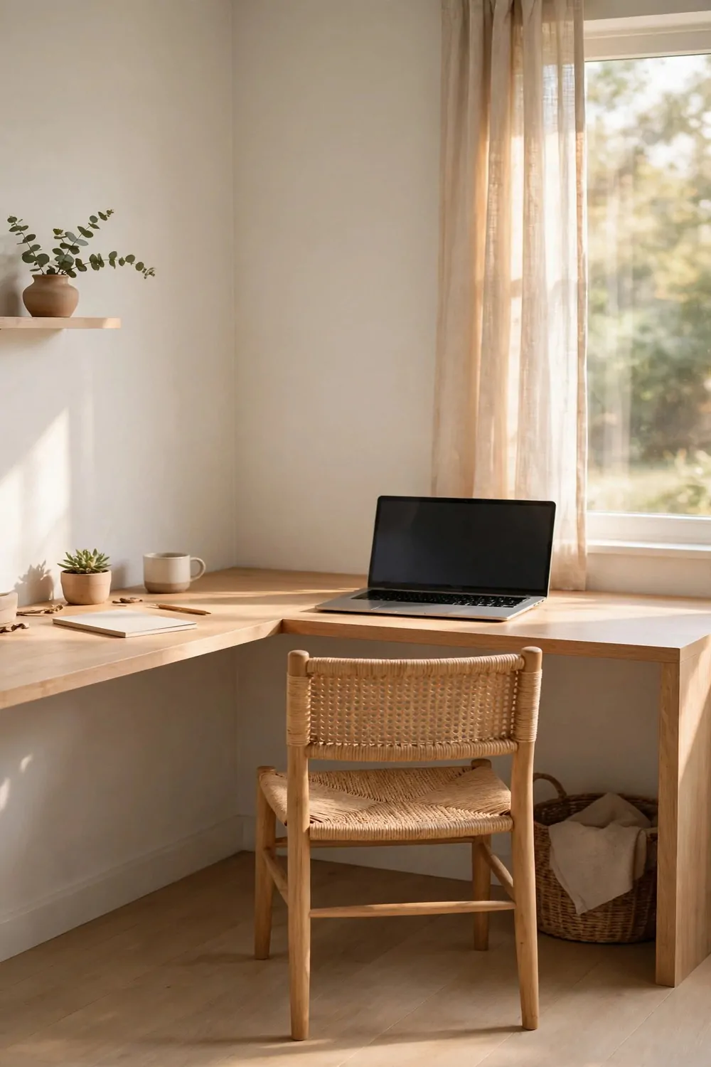 22 Small Room Office Ideas for Awkward Little Spaces 18 A small desk fitted into an L-shaped corner of a room, chair facing out, laptop on top