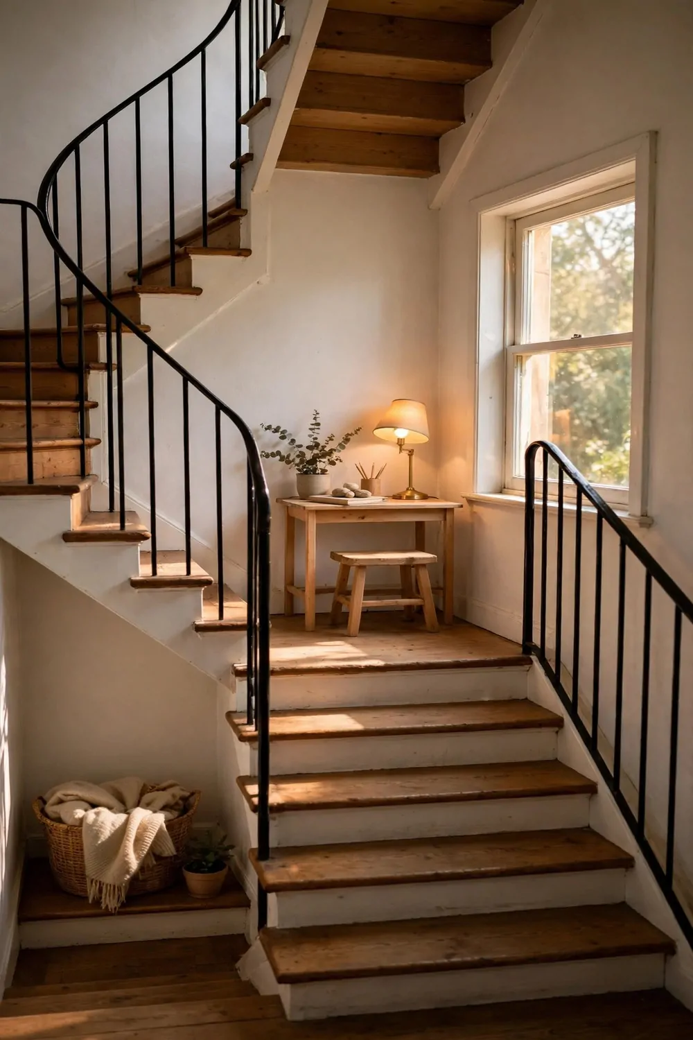 22 Small Room Office Ideas for Awkward Little Spaces 19 A tiny desk on a half landing halfway up a staircase, stool below, small lamp on the desk