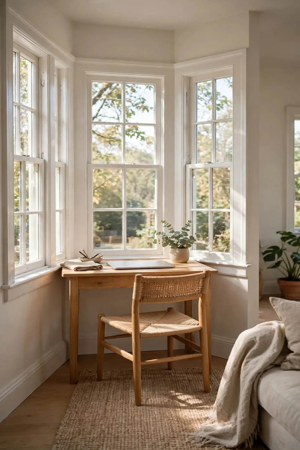 22 Small Room Office Ideas for Awkward Little Spaces 20 A small desk in a window bay that dips into a room, chair in the bay, laptop on the desk