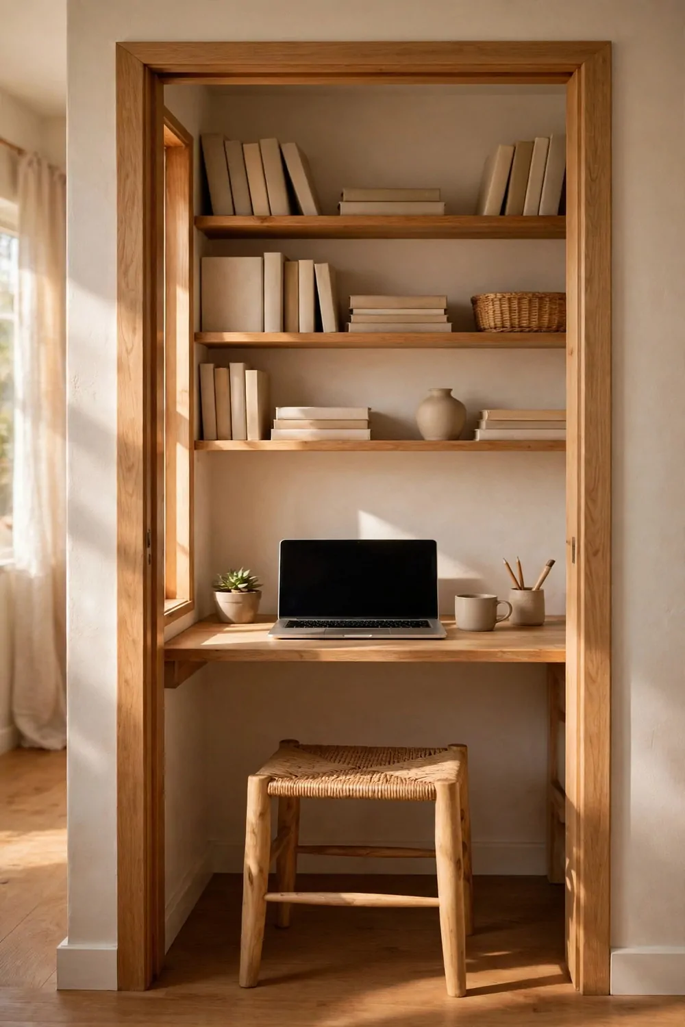 22 Small Room Office Ideas for Awkward Little Spaces 21 A small desk in a closet nook with the door taken off, shelves above, laptop on top