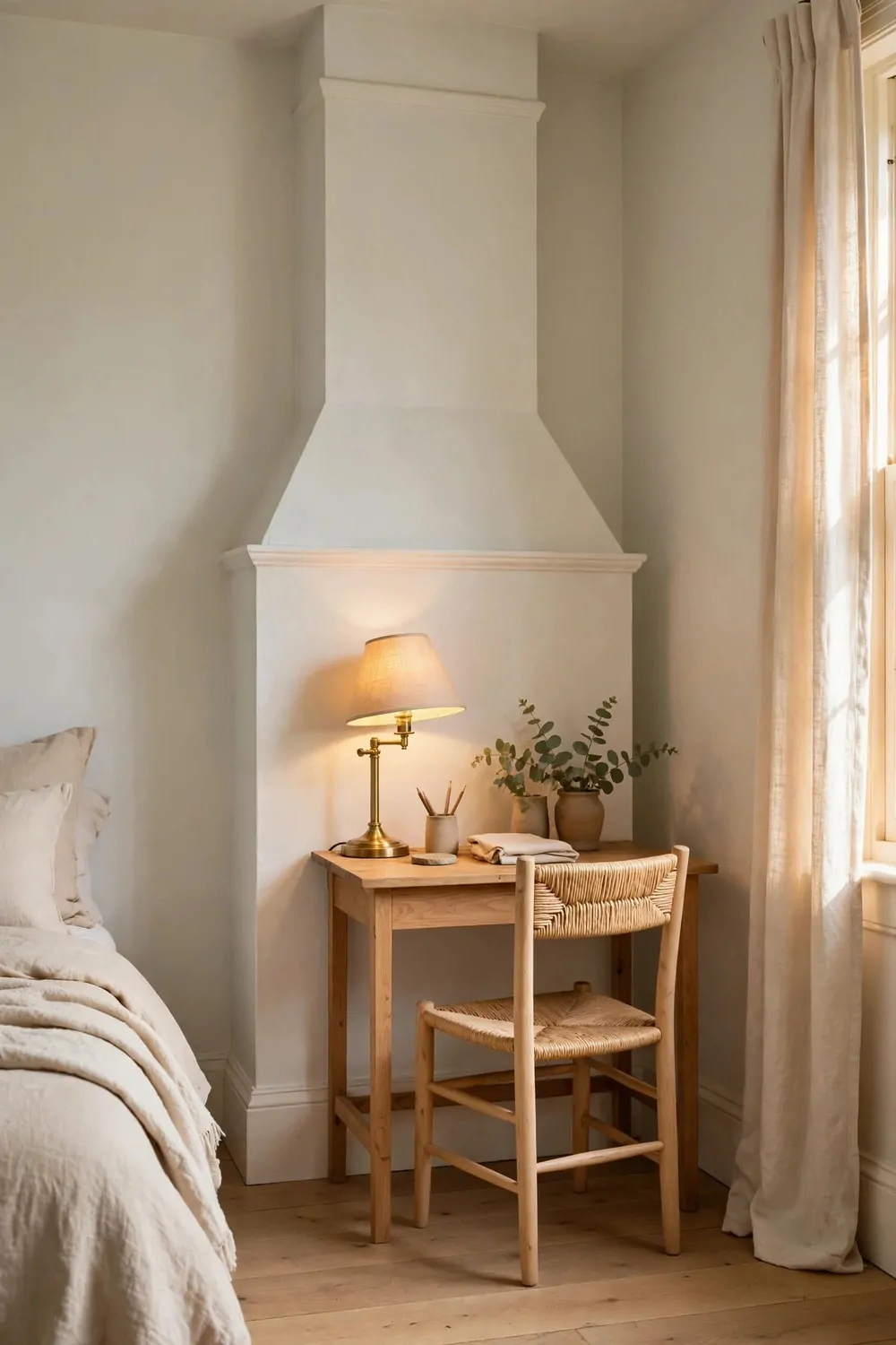 22 Small Room Office Ideas for Awkward Little Spaces 22 A small desk in the dead corner beside a chimney breast in a bedroom, chair tucked in, lamp on the desk