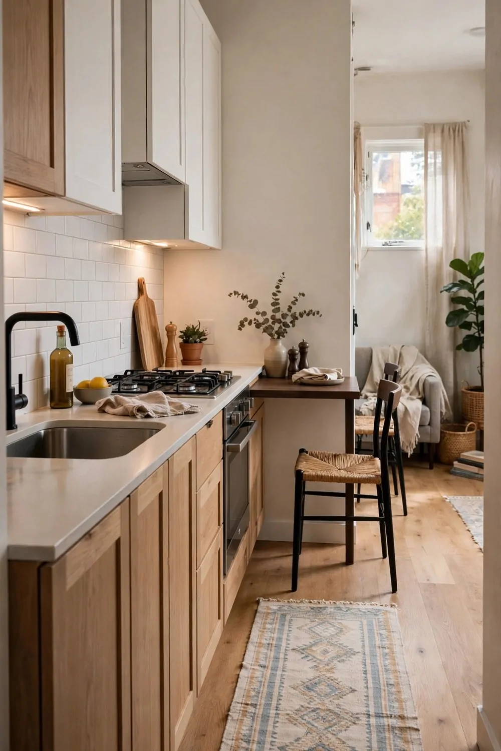 A galley kitchen along one wall with a narrow table parallel to the counter in a studio apartment