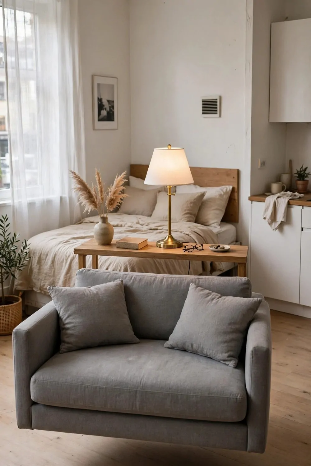 A sofa floating in the middle of a studio apartment with a slim console table behind it