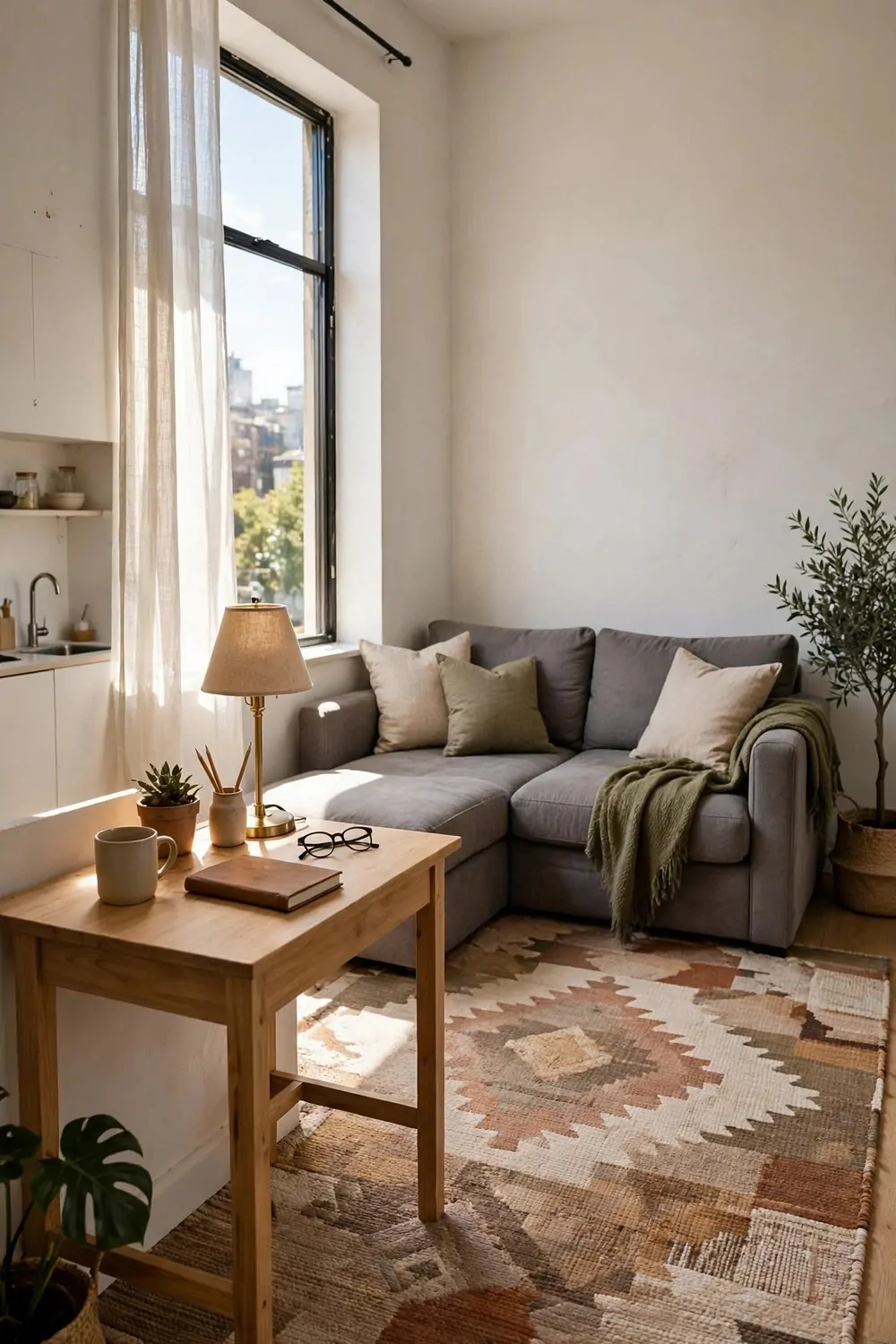 A sofa in a corner anchored by a large rug with a desk near the window in a studio apartment