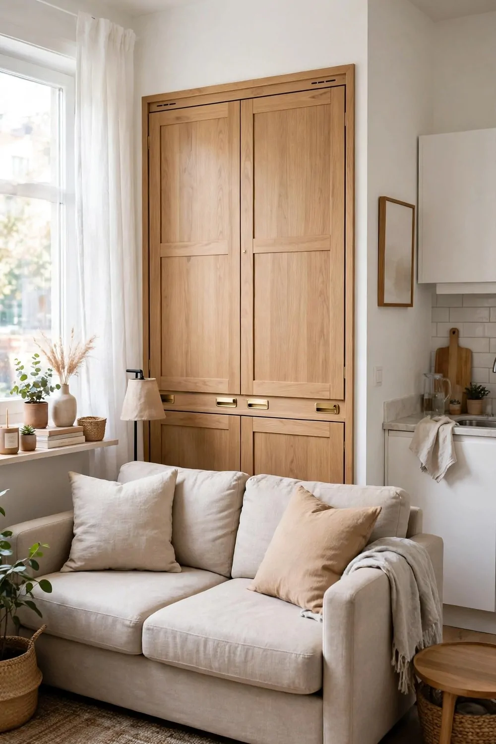 A fold-down wall bed cabinet with a sofa in front of it in a bright studio apartment