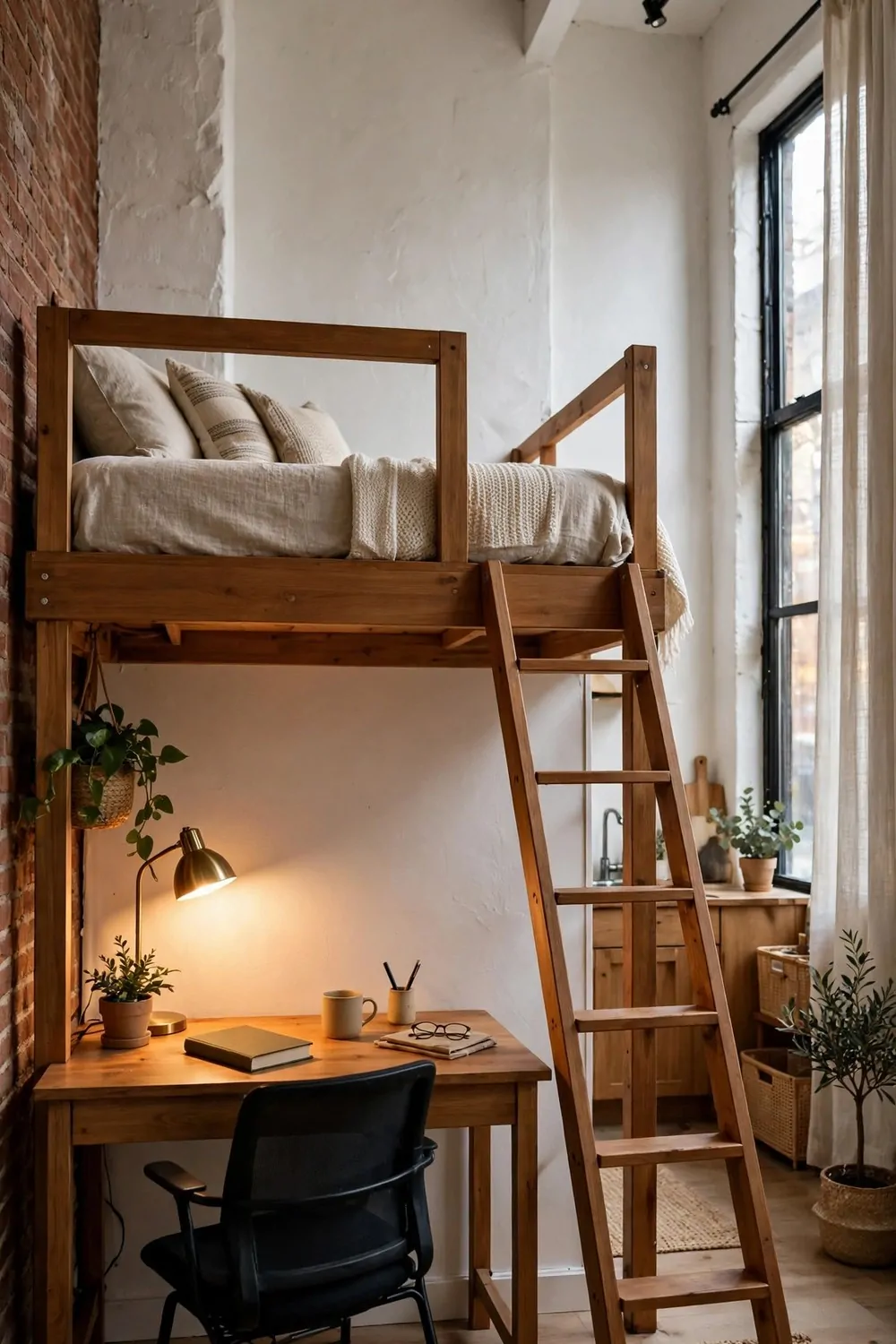 A loft bed with a desk and lamp underneath in a studio apartment with a high ceiling