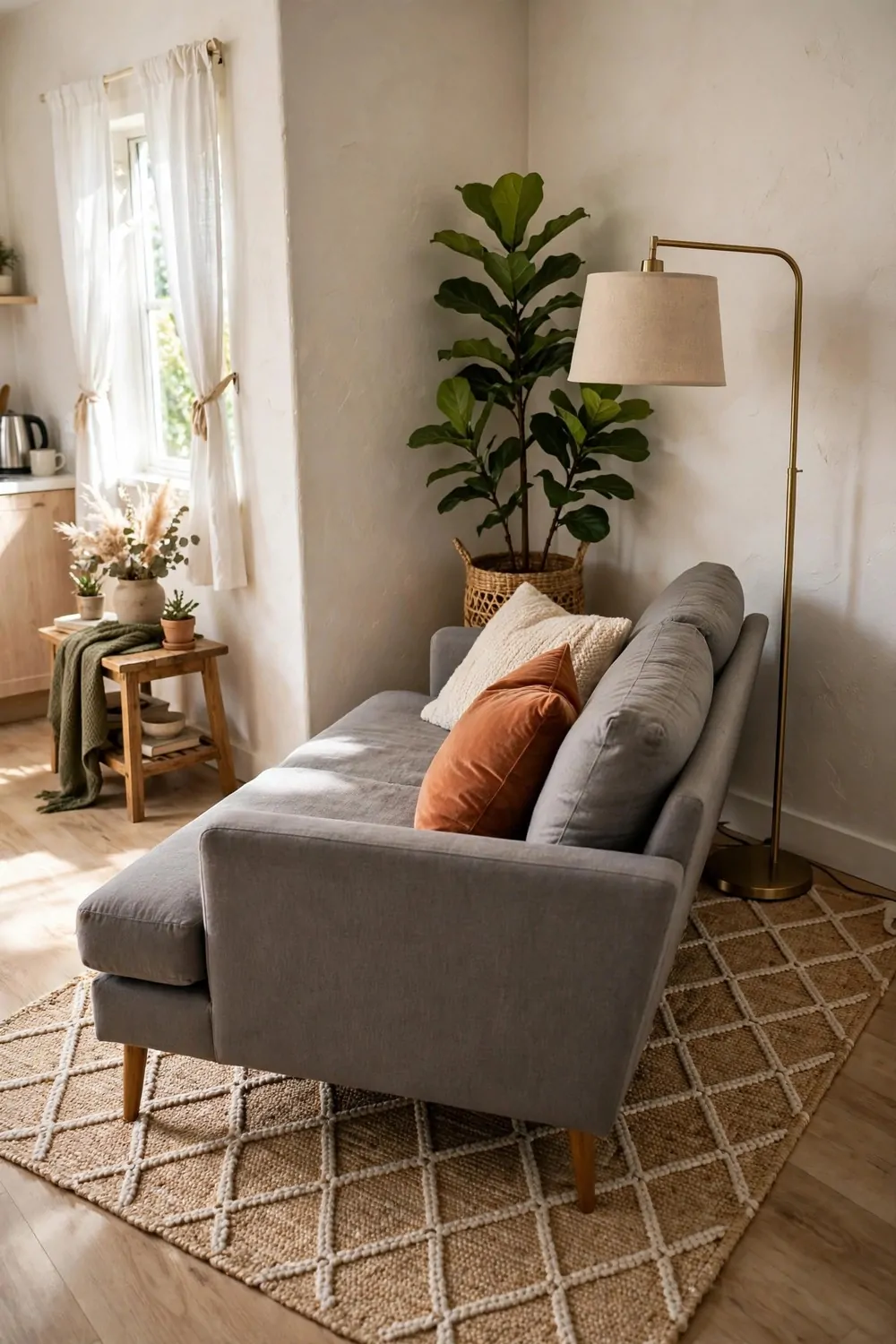 A sofa angled diagonally in a corner with a plant and floor lamp behind it in a studio apartment