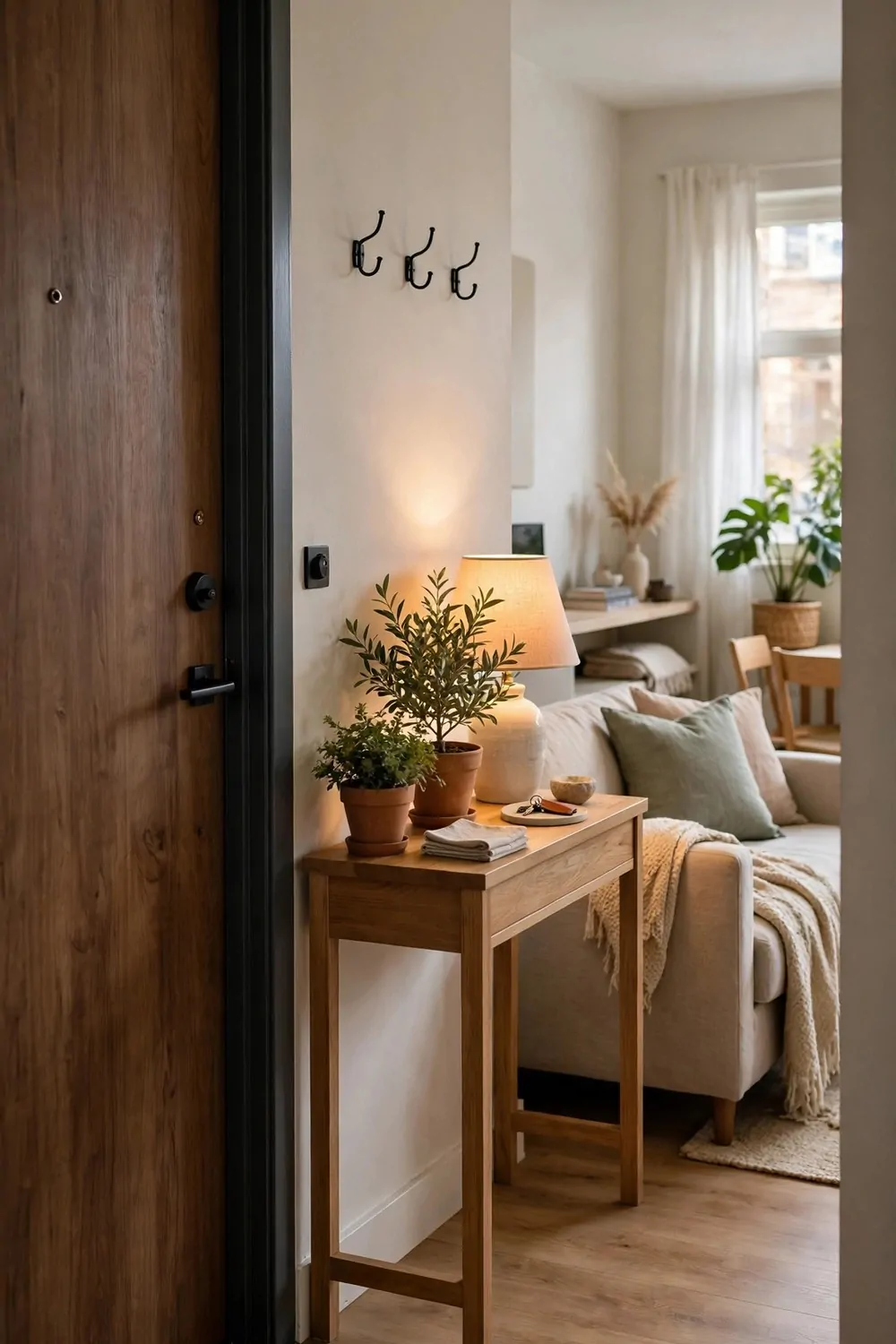 A calm studio entryway with a small console table, a plant and a lamp, with the bed hidden from view