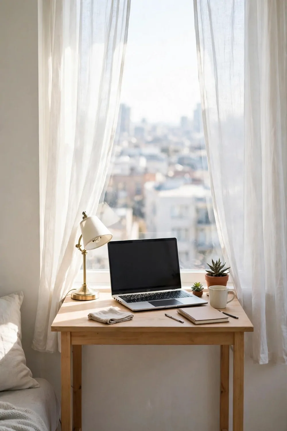 A small desk against a bright window with a laptop and sheer curtain in a studio apartment