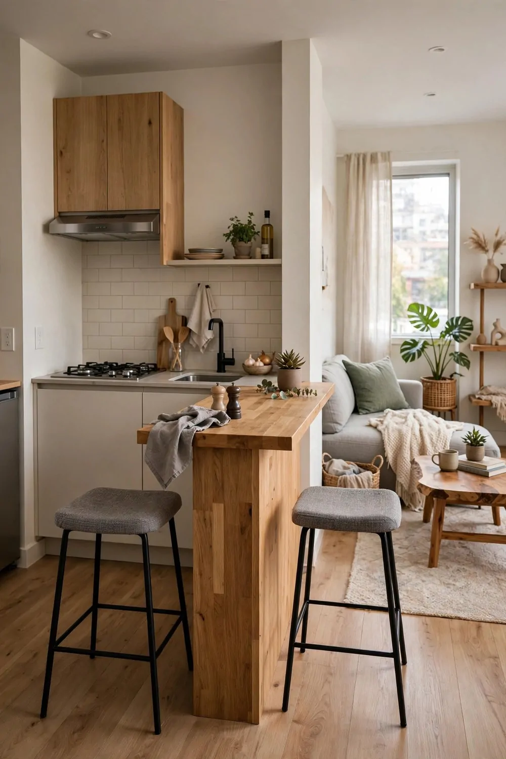 A narrow kitchen island with stools separating the kitchen from the living area in a studio apartment