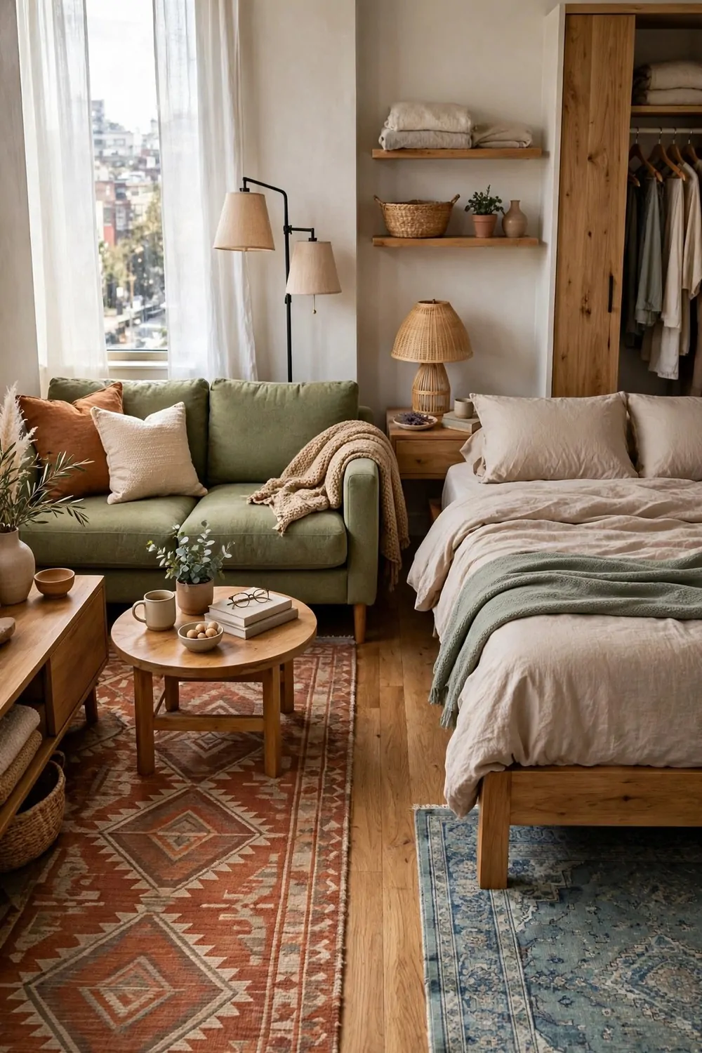 Two different rugs marking a living zone and a sleeping zone in a studio apartment