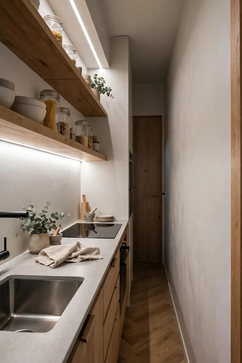 A slim kitchen in a narrow hallway passage with shelves above the counter in a studio apartment