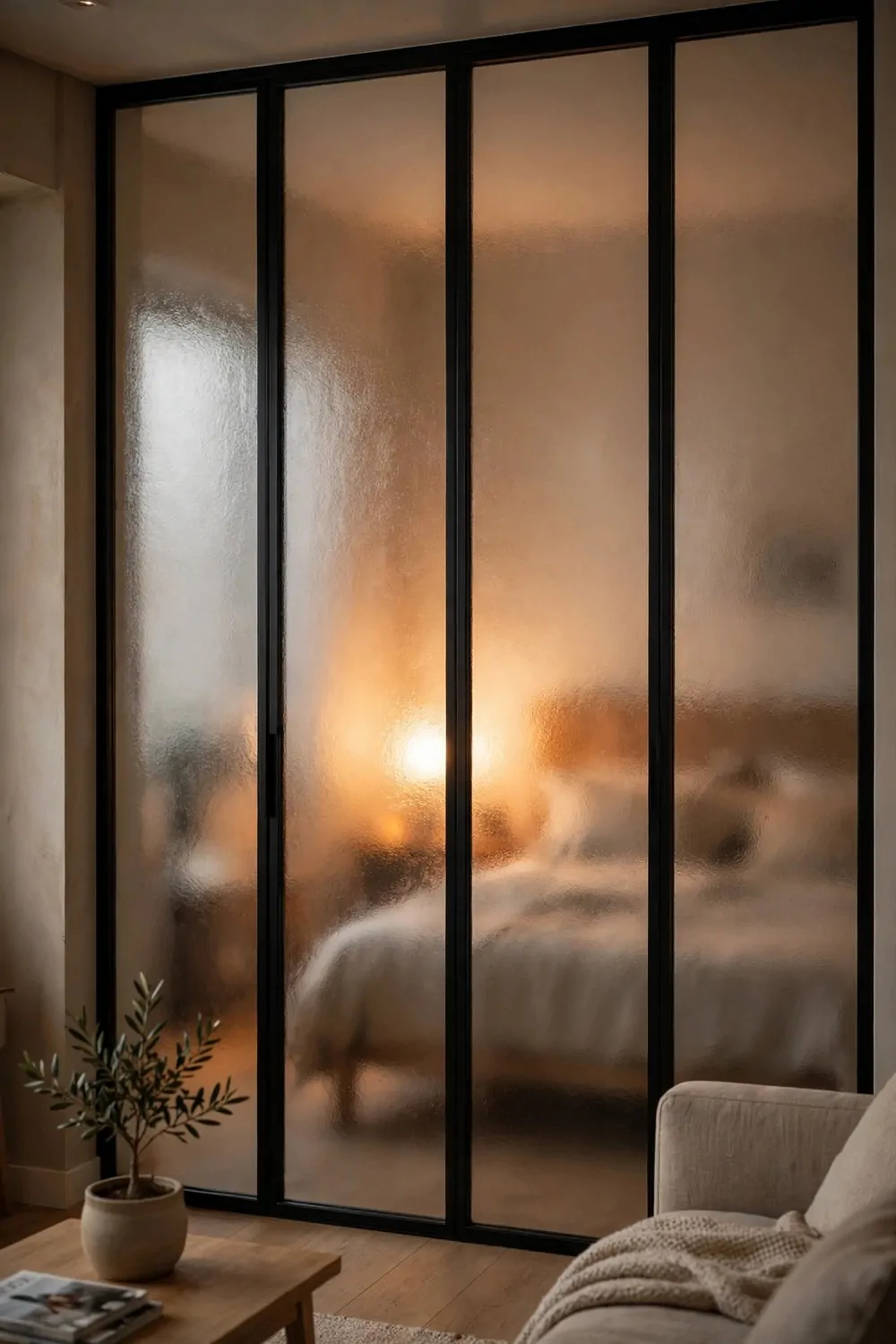 A bedroom behind a frosted glass partition with warm light glowing through in a studio apartment