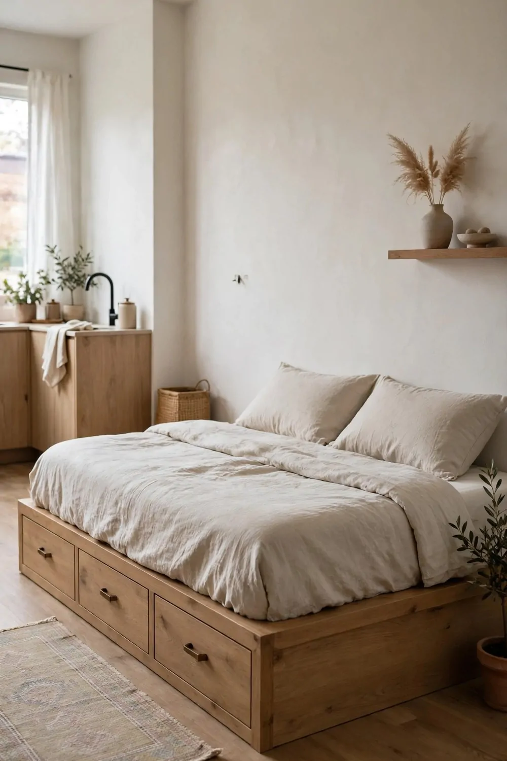A low platform bed with built-in drawers against a long wall in a studio apartment