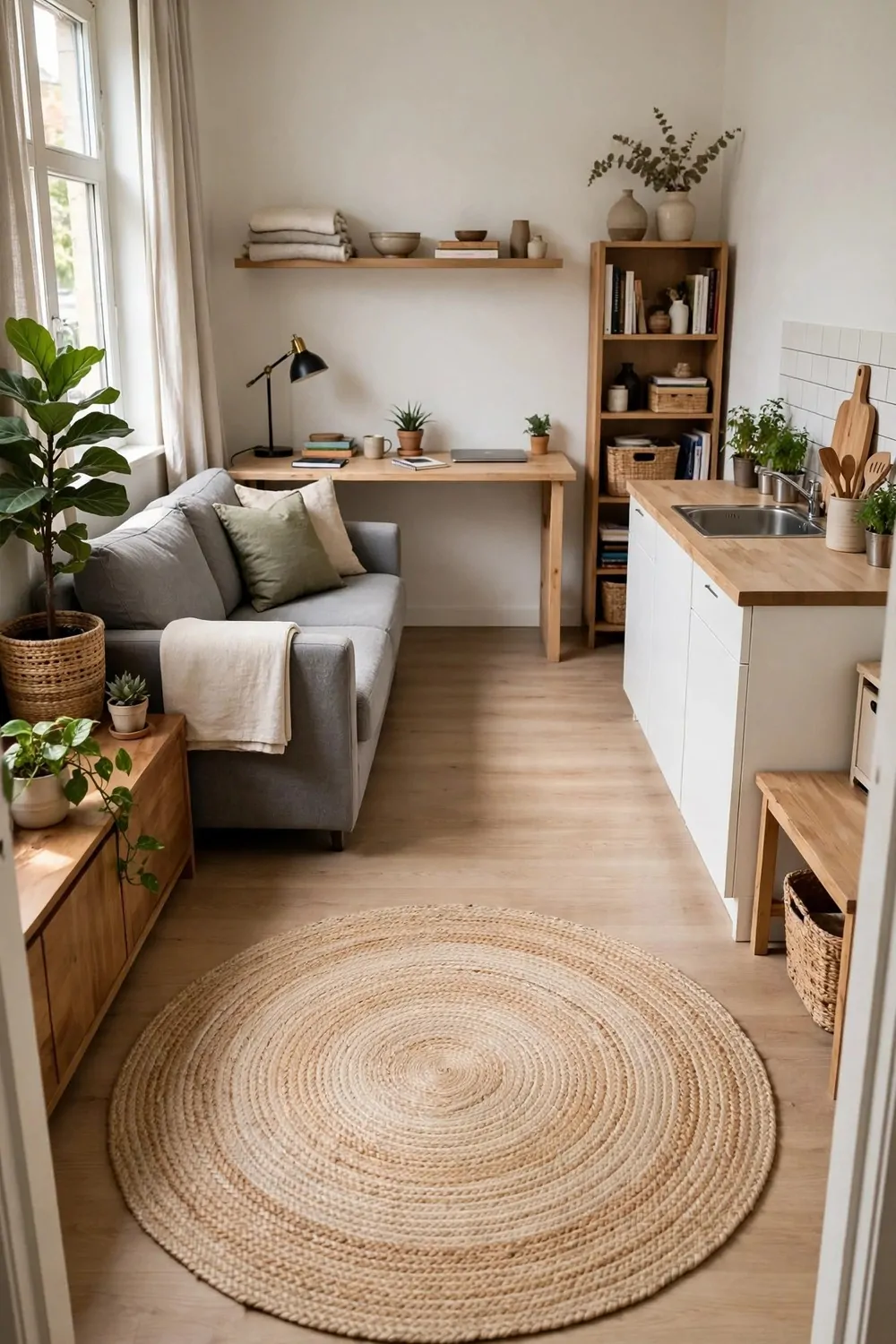A studio apartment with furniture pushed to the edges, open middle floor and a round rug in the center