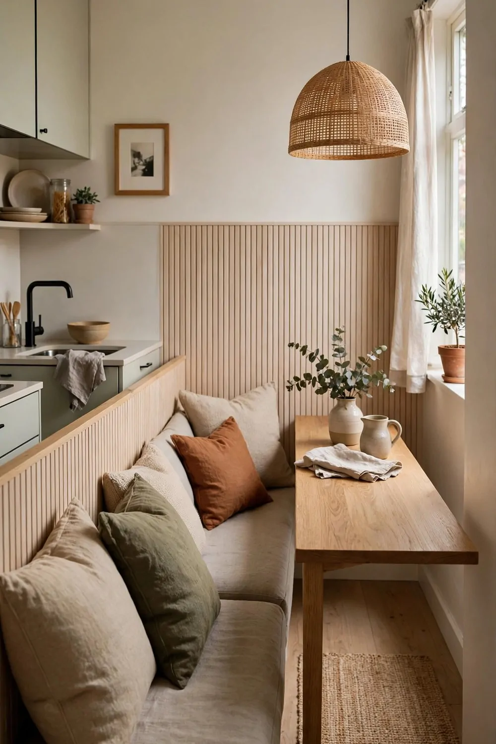 A bench banquette along a wall with a narrow table and cushions in a studio apartment