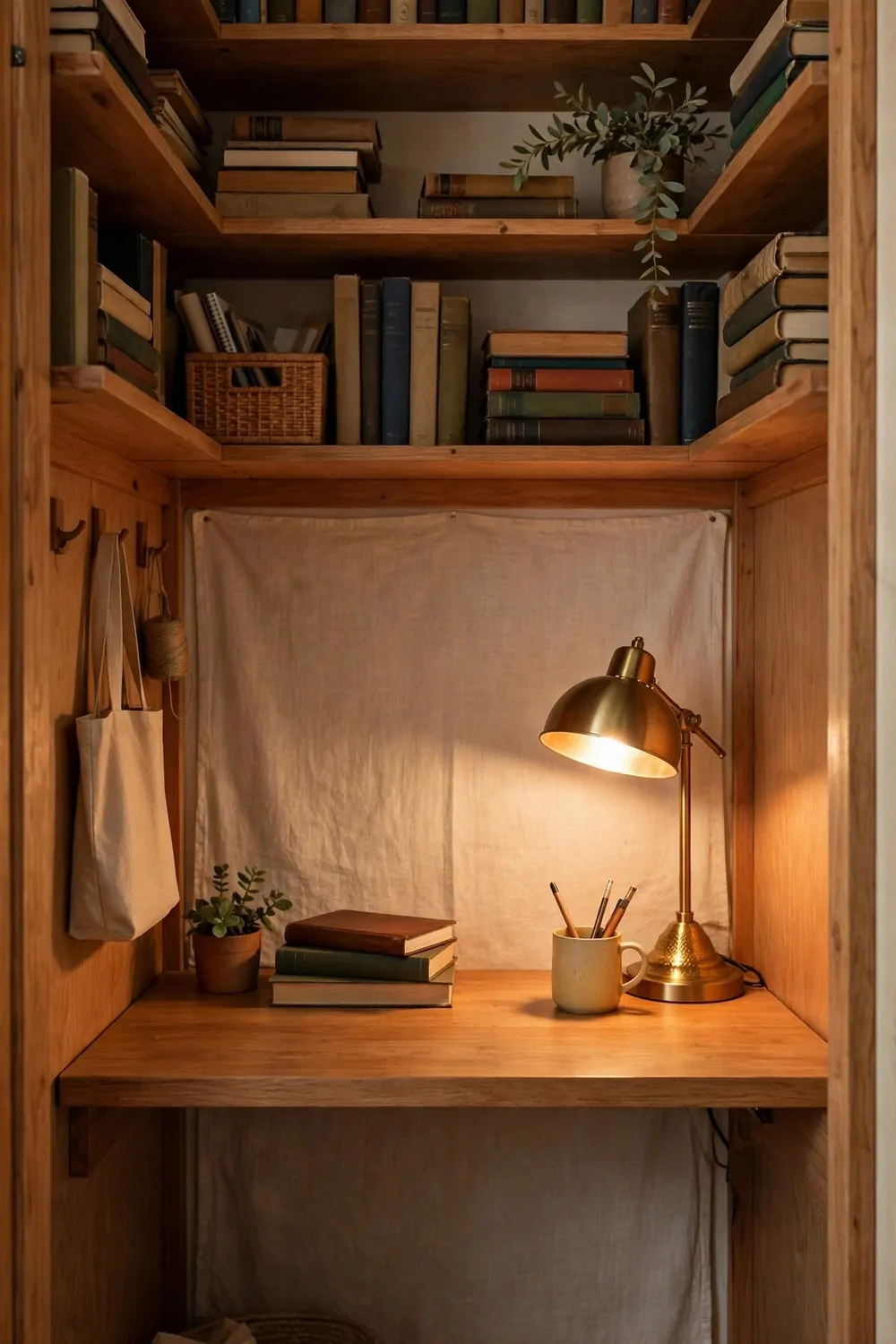 A closet fitted out as a tiny office with a desk board, shelves and a warm lamp