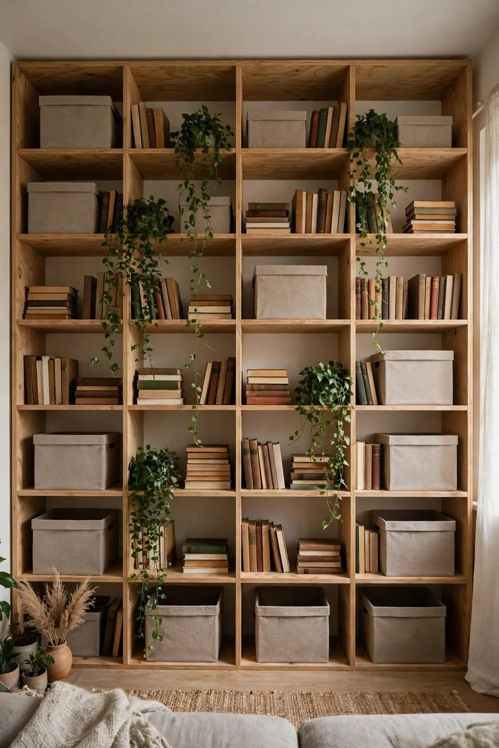 A full wall of open shelves with matching boxes, books and plants in a studio apartment
